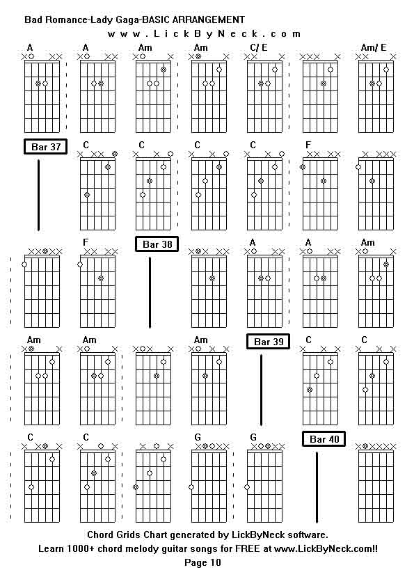 Chord Grids Chart of chord melody fingerstyle guitar song-Bad Romance-Lady Gaga-BASIC ARRANGEMENT,generated by LickByNeck software.